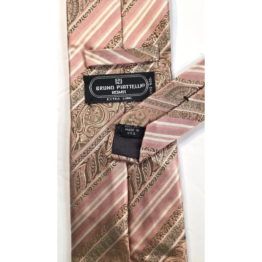 Bruno Pirttelli Silk Tie Pink Gray Paisley Stripe XL Made USA With Pocket Square